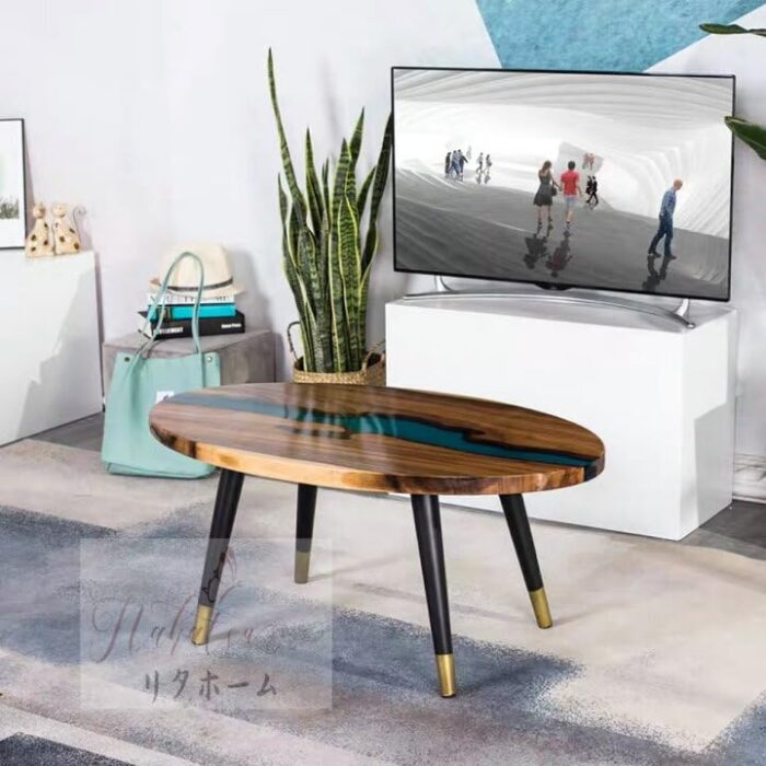 Smake Mart Oval Round Coffee Table for Living Room | Resin Expoxy Coffee Table, Center Teapoy Table for Sofa | Tea Table for Home Furniture (Natural Finish) - Image 4