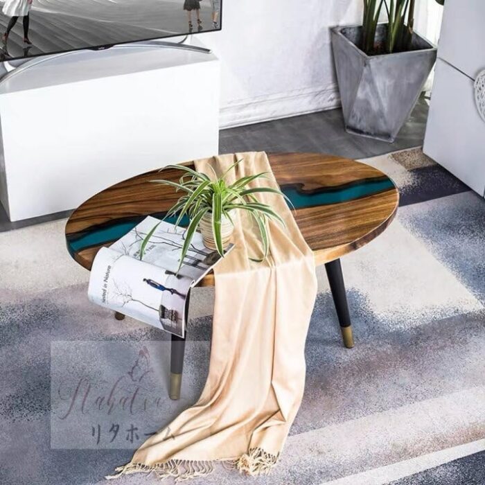 Smake Mart Oval Round Coffee Table for Living Room | Resin Expoxy Coffee Table, Center Teapoy Table for Sofa | Tea Table for Home Furniture (Natural Finish) - Image 2