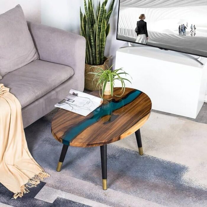 Smake Mart Oval Round Coffee Table for Living Room | Resin Expoxy Coffee Table, Center Teapoy Table for Sofa | Tea Table for Home Furniture (Natural Finish) - Image 1