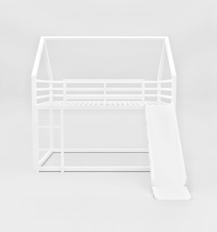 Smake Mart Metal Kids Bunk Bed with Slide & Ladder – House Shaped Twin Over Twin Bed Frame for Boys & Girls | Low Loft Bunk for Toddlers & Children | Modern White Playhouse Bed for Kids Room - Image 4