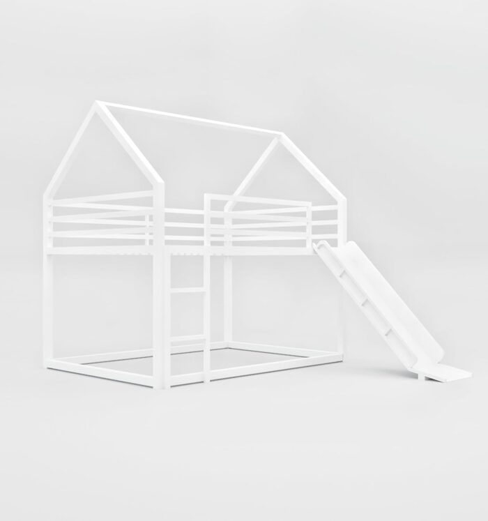 Smake Mart Metal Kids Bunk Bed with Slide & Ladder – House Shaped Twin Over Twin Bed Frame for Boys & Girls | Low Loft Bunk for Toddlers & Children | Modern White Playhouse Bed for Kids Room - Image 6