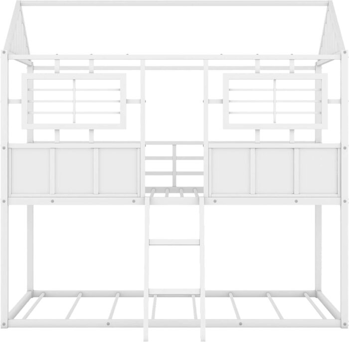 Rask Wood Twin Over Twin Metal Low Bunk Beds with Charming Roof and Fence-Shaped Guardrail for a Safe and Whimsical Sleeping Haven in White - Image 5