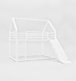 Smake Mart Metal Kids Bunk Bed with Slide & Ladder – House Shaped Twin Over Twin Bed Frame for Boys & Girls | Low Loft Bunk for Toddlers & Children | Modern White Playhouse Bed for Kids Room - Image 3