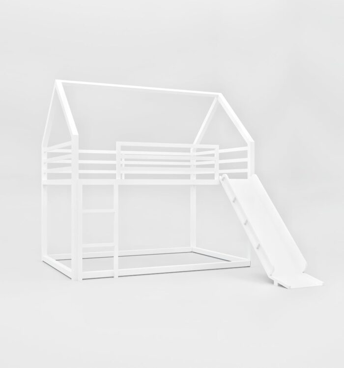 Smake Mart Metal Kids Bunk Bed with Slide & Ladder – House Shaped Twin Over Twin Bed Frame for Boys & Girls | Low Loft Bunk for Toddlers & Children | Modern White Playhouse Bed for Kids Room - Image 3