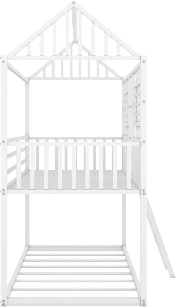 Rask Wood Twin Over Twin Metal Low Bunk Beds with Charming Roof and Fence-Shaped Guardrail for a Safe and Whimsical Sleeping Haven in White - Image 6