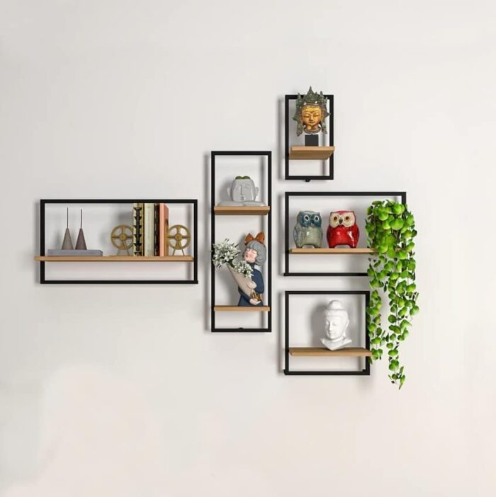 Smake mart Solid Wood Floating Shelves Wall Shelf for Bedroom | Wooden Hanging Shelf Black Metal Iron and Wood Set of 5 Wall Shelves Cube Decoration Floating Unit Frame - Image 1