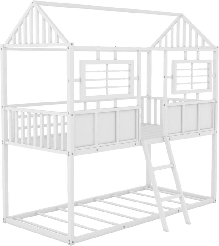 Rask Wood Twin Over Twin Metal Low Bunk Beds with Charming Roof and Fence-Shaped Guardrail for a Safe and Whimsical Sleeping Haven in White - Image 9