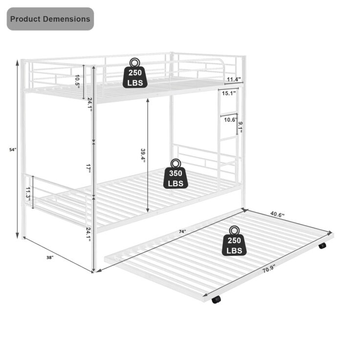 Smake mart Metal Bunk Bed with Trundle, Twin Over Twin Bunk Beds Frame with Ladders Heavy Duty bunkbed for Junior/Adults, Safety Full-Length Guardrail Easy to Climb (White) - Image 6