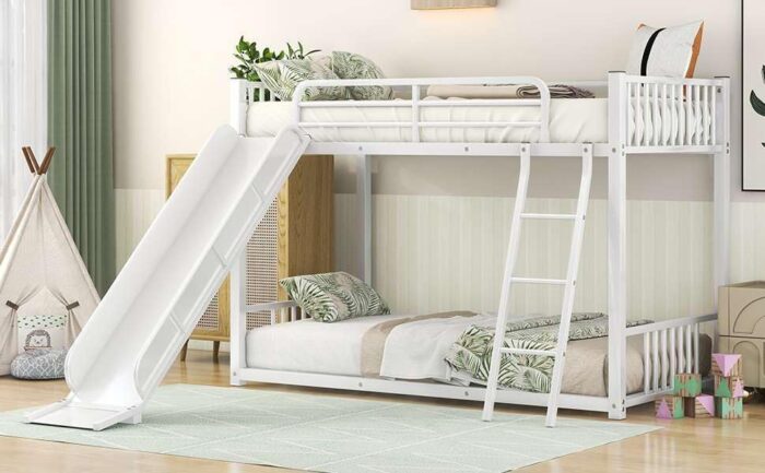 Smake mart Metal Bunk Bed Frame for Kids | Twin Over Twin Metal Bunk Bed with Slide for Bedroom Living Room Home (White) - Image 5
