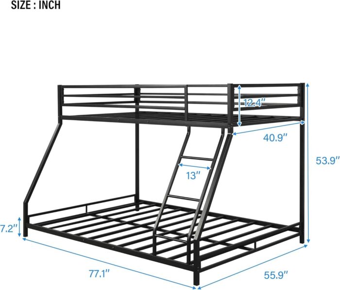 Smake mart Metal Bunk Bed Frame for Kids | Metal Twin Over Full Floor Bunk Bed with Inclined Ladder for Bedroom Home (Black) - Image 3