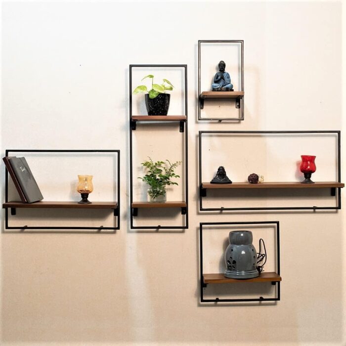 Smake mart Solid Wood Floating Shelves Wall Shelf for Bedroom | Wooden Hanging Shelf Black Metal Iron and Wood Set of 5 Wall Shelves Cube Decoration Floating Unit Frame - Image 3