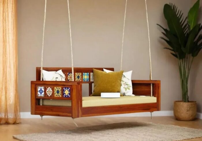Rask Wood Rope Hanging Wooden Hammock Tiles Swing Sofa for Living Room | House Swings for Adults | Patio Jhula for Home Indoor, Garden Outdoor & Balcony | Rosewood, Honey Finish - Image 1