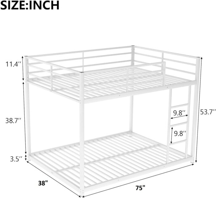Smake mart Metal Bunk Bed Frame for Kids | 77.1"L x 55.9"W 53.7"H (inch) 2 in 1 Bunk Bed with Safety Guard Rails (White) - Image 7