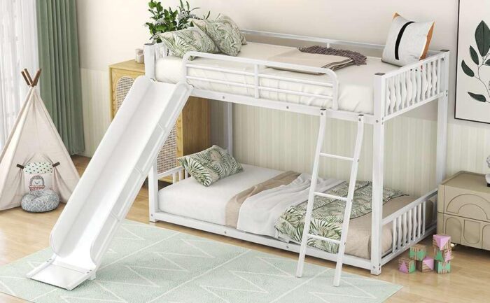 Smake mart Metal Bunk Bed Frame for Kids | Twin Over Twin Metal Bunk Bed with Slide for Bedroom Living Room Home (White) - Image 6