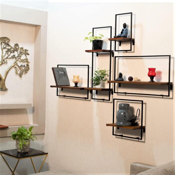 Smake mart Solid Wood Floating Shelves Wall Shelf for Bedroom | Wooden Hanging Shelf Black Metal Iron and Wood Set of 5 Wall Shelves Cube Decoration Floating Unit Frame - Image 4