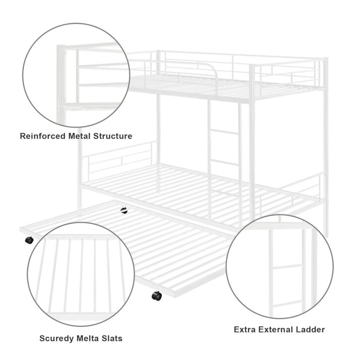 Smake mart Metal Bunk Bed with Trundle, Twin Over Twin Bunk Beds Frame with Ladders Heavy Duty bunkbed for Junior/Adults, Safety Full-Length Guardrail Easy to Climb (White) - Image 5