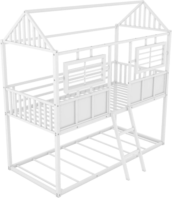 Rask Wood Twin Over Twin Metal Low Bunk Beds with Charming Roof and Fence-Shaped Guardrail for a Safe and Whimsical Sleeping Haven in White - Image 2