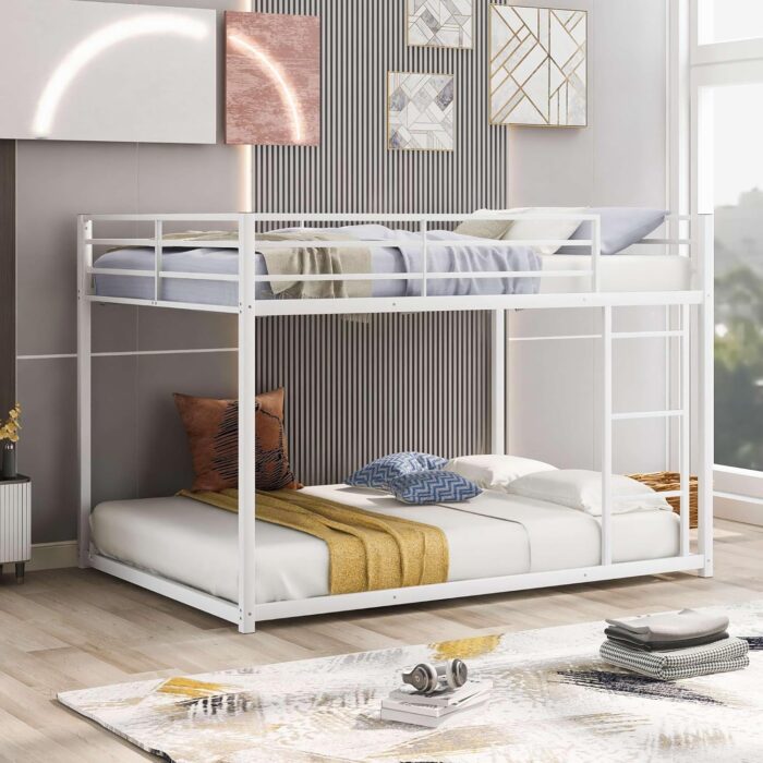 Smake mart Metal Bunk Bed Frame for Kids | 77.1"L x 55.9"W 53.7"H (inch) 2 in 1 Bunk Bed with Safety Guard Rails (White) - Image 2