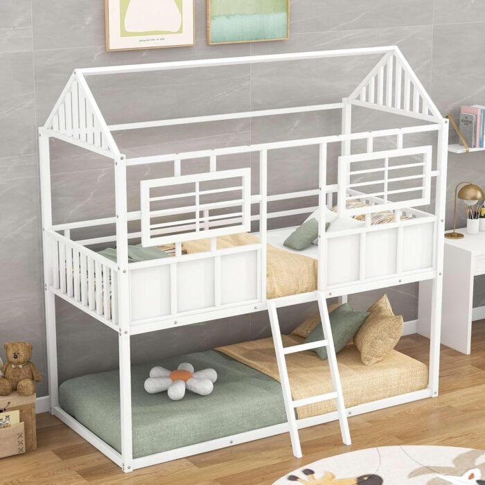 Rask Wood Twin Over Twin Metal Low Bunk Beds with Charming Roof and Fence-Shaped Guardrail for a Safe and Whimsical Sleeping Haven in White - Image 8