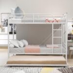 Smake mart Metal Bunk Bed with Trundle, Twin Over Twin Bunk Beds Frame with Ladders Heavy Duty bunkbed for Junior/Adults, Safety Full-Length Guardrail Easy to Climb (White) - Image 2
