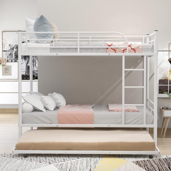 Smake mart Metal Bunk Bed with Trundle, Twin Over Twin Bunk Beds Frame with Ladders Heavy Duty bunkbed for Junior/Adults, Safety Full-Length Guardrail Easy to Climb (White) - Image 2