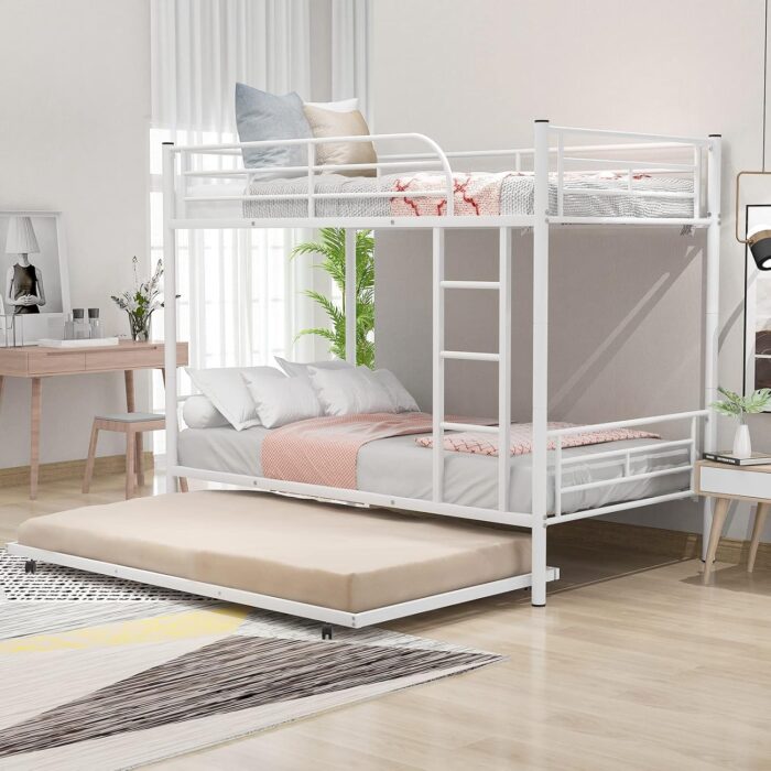 Smake mart Metal Bunk Bed with Trundle, Twin Over Twin Bunk Beds Frame with Ladders Heavy Duty bunkbed for Junior/Adults, Safety Full-Length Guardrail Easy to Climb (White) - Image 1