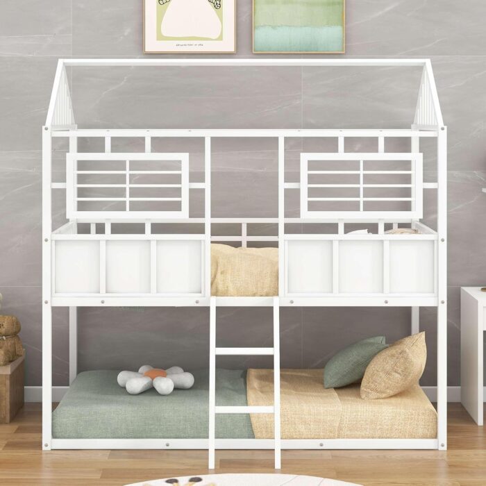Rask Wood Twin Over Twin Metal Low Bunk Beds with Charming Roof and Fence-Shaped Guardrail for a Safe and Whimsical Sleeping Haven in White - Image 7
