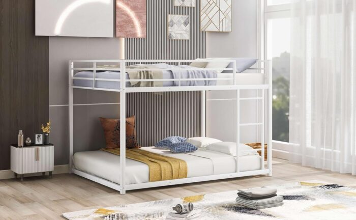 Smake mart Metal Bunk Bed Frame for Kids | 77.1"L x 55.9"W 53.7"H (inch) 2 in 1 Bunk Bed with Safety Guard Rails (White) - Image 3