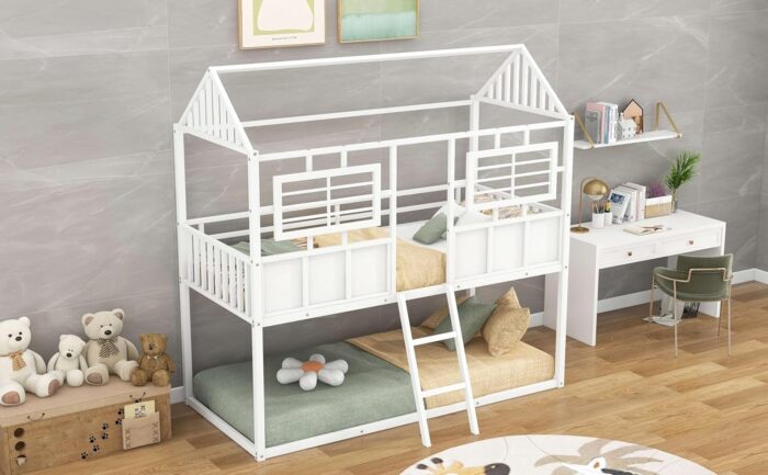 Rask Wood Twin Over Twin Metal Low Bunk Beds with Charming Roof and Fence-Shaped Guardrail for a Safe and Whimsical Sleeping Haven in White - Image 3