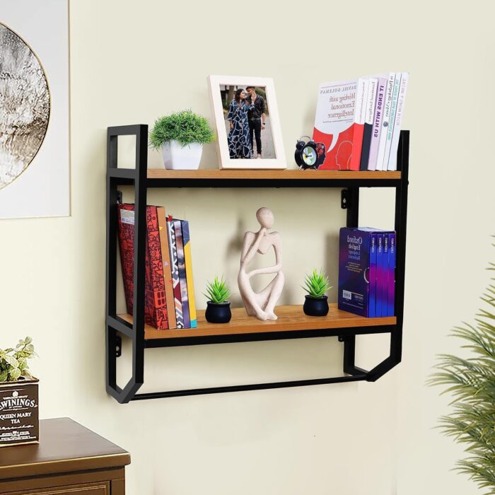 Smake mart Wooden Wall Shelf for Living Room | Solid Wood Rack with Hanging Rod for Living Room (Natural Finish) - Image 4