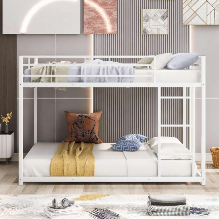 Smake mart Metal Bunk Bed Frame for Kids | 77.1"L x 55.9"W 53.7"H (inch) 2 in 1 Bunk Bed with Safety Guard Rails (White) - Image 1