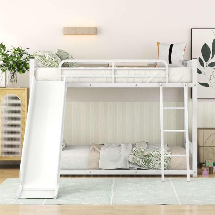 Smake mart Metal Bunk Bed Frame for Kids | Twin Over Twin Metal Bunk Bed with Slide for Bedroom Living Room Home (White) - Image 4