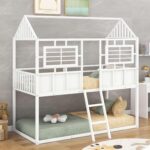 Rask Wood Twin Over Twin Metal Low Bunk Beds with Charming Roof and Fence-Shaped Guardrail for a Safe and Whimsical Sleeping Haven in White