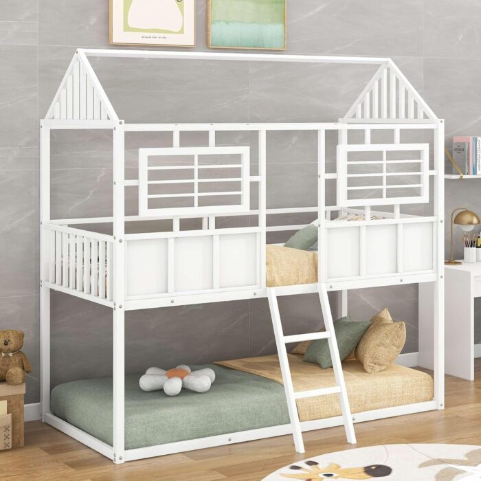 Rask Wood Twin Over Twin Metal Low Bunk Beds with Charming Roof and Fence-Shaped Guardrail for a Safe and Whimsical Sleeping Haven in White - Image 1
