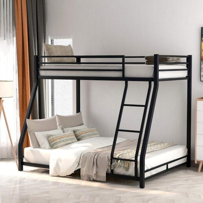 Smake mart Metal Bunk Bed Frame for Kids | Metal Twin Over Full Floor Bunk Bed with Inclined Ladder for Bedroom Home (Black) - Image 1