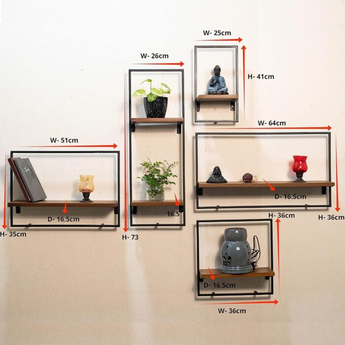 Smake mart Solid Wood Floating Shelves Wall Shelf for Bedroom | Wooden Hanging Shelf Black Metal Iron and Wood Set of 5 Wall Shelves Cube Decoration Floating Unit Frame - Image 2