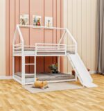 Smake Mart Metal Kids Bunk Bed with Slide & Ladder – House Shaped Twin Over Twin Bed Frame for Boys & Girls | Low Loft Bunk for Toddlers & Children | Modern White Playhouse Bed for Kids Room