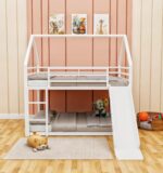 Smake Mart Metal Kids Bunk Bed with Slide & Ladder – House Shaped Twin Over Twin Bed Frame for Boys & Girls | Low Loft Bunk for Toddlers & Children | Modern White Playhouse Bed for Kids Room - Image 2