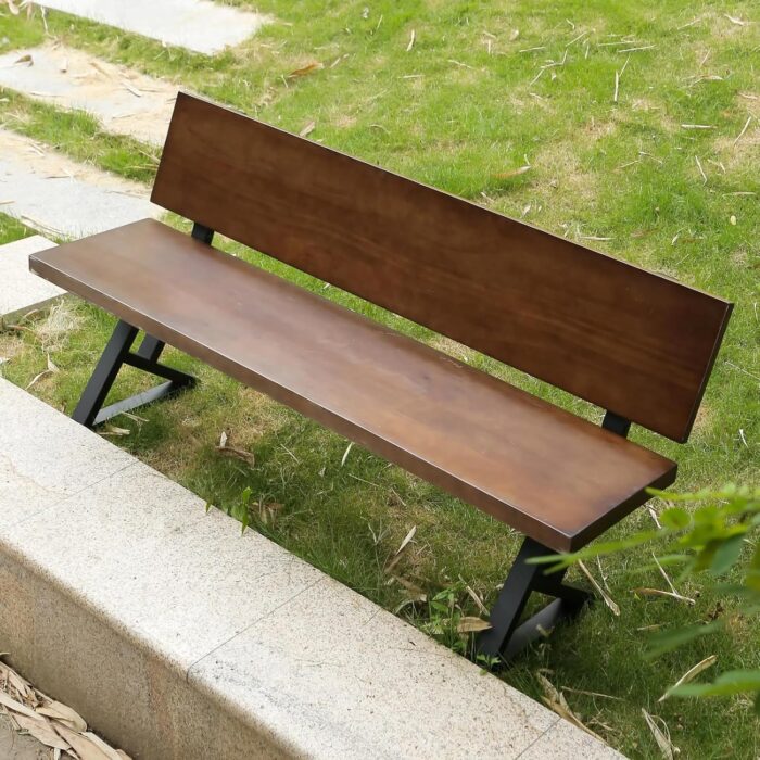 Rask Wood Modern Wooden Outdoor Bench with Backrest | Wood and Metal Garden Bench for Patio, Porch, or Park – Heavy Duty Weather-Resistant Seating - Image 2